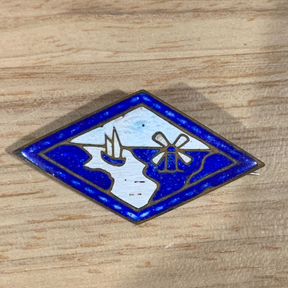 Unbranded Brooch Pin Unisex Enamel Windmill Sailboat Blue White Diamond Dutch